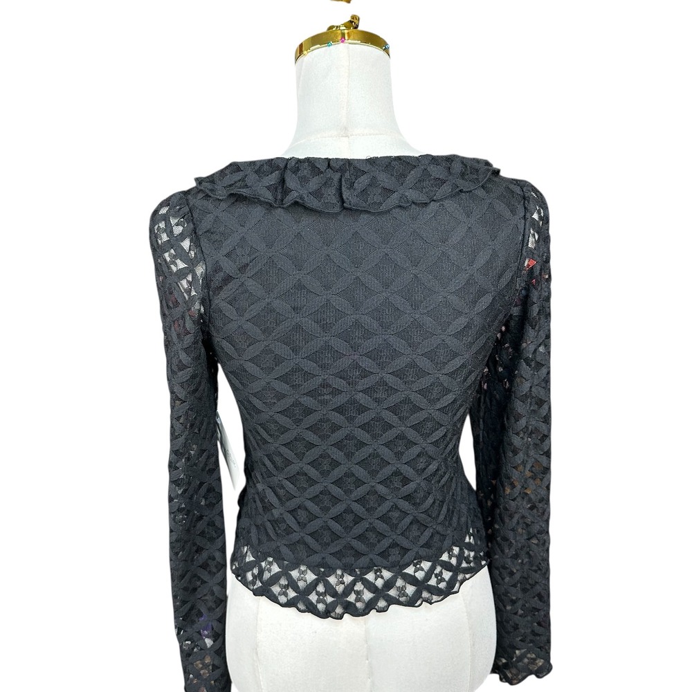 NWT La Peche Black Lace Cropped Cardigan Top Ruffle V-Neck Long Sleeve Size S - Picture 5 of 7